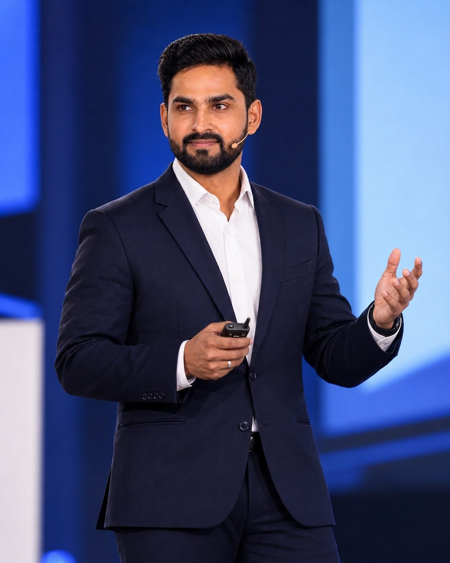 Kunal Deore in a navy suit, speaking with a headset microphone.